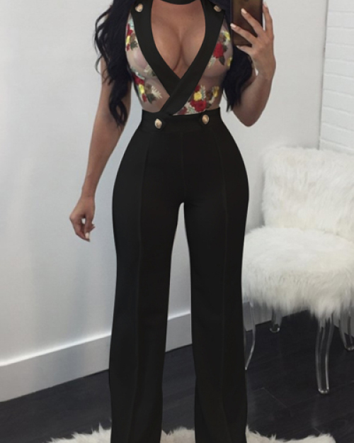 Sexy Round Neck V-shaped Hollow-out Black Twilled One-piece Jumpsuits Sexy Round Neck V-shaped Hollow-out Black Twilled One-piece Jumpsuits
