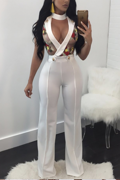 Sexy Round Neck V-shaped Hollow-out White Twilled One-piece Jumpsuits