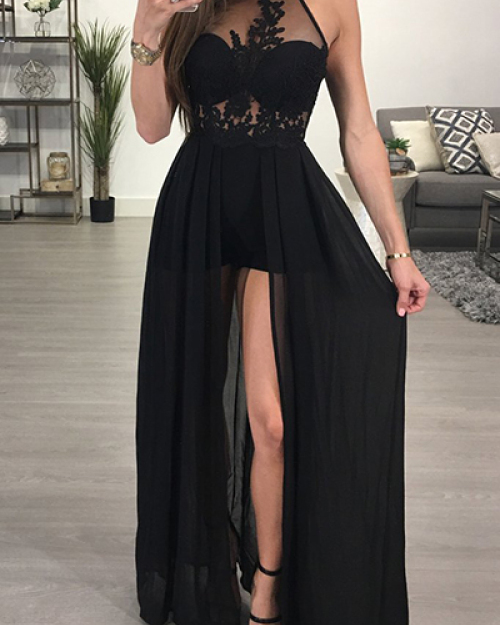 Sexy See-Through Backless Black Chiffon One-piece Jumpsuits Sexy See-Through Backless Black Chiffon One-piece Jumpsuits