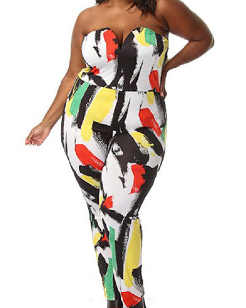 Sexy Strapless Sleeveless Multi-colored Print Polyester One-piece Regular Jumpsuit Sexy Strapless Sleeveless Multi-colored Print Polyester One-piece Regular Jumpsuit