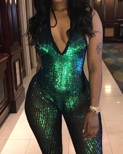 Sexy V Neck Backless Green Sequined One-piece Jumpsuits Sexy V Neck Backless Green Sequined One-piece Jumpsuits