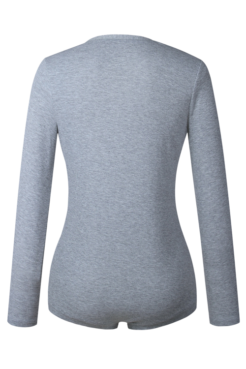 Sexy V Neck Buttons Design Grey Cotton Blends One-piece Skinny Jumpsuits