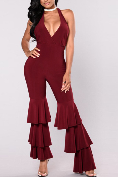 Sexy V Neck Falbala Design Red Milk Fiber One-piece Jumpsuits(Without Choker)