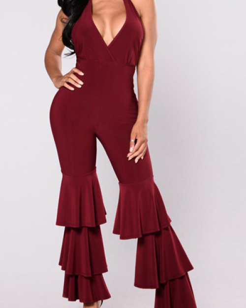 Sexy V Neck Falbala Design Red Milk Fiber One-piece Jumpsuits(Without Choker) Sexy V Neck Falbala Design Red Milk Fiber One-piece Jumpsuits(Without Choker)