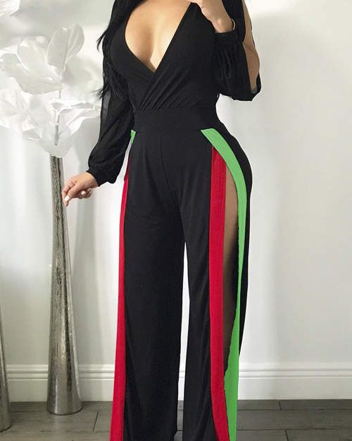 Sexy V Neck High Split Black Polyester One-piece Jumpsuits Sexy V Neck High Split Black Polyester One-piece Jumpsuits