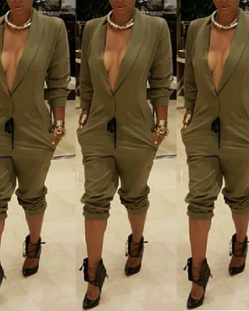 Sexy V Neck Long Sleeves Army Green Spandex One-piece Regular Jumpsuit Sexy V Neck Long Sleeves Army Green Spandex One-piece Regular Jumpsuit