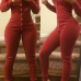 Slim V Neck Long Sleeves Single-breasted Red Cotton Blend One-piece Skinny Jumpsuit