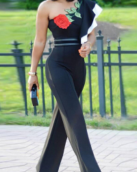 Stylish Asymmetrical Black Twilled One-piece Jumpsuits