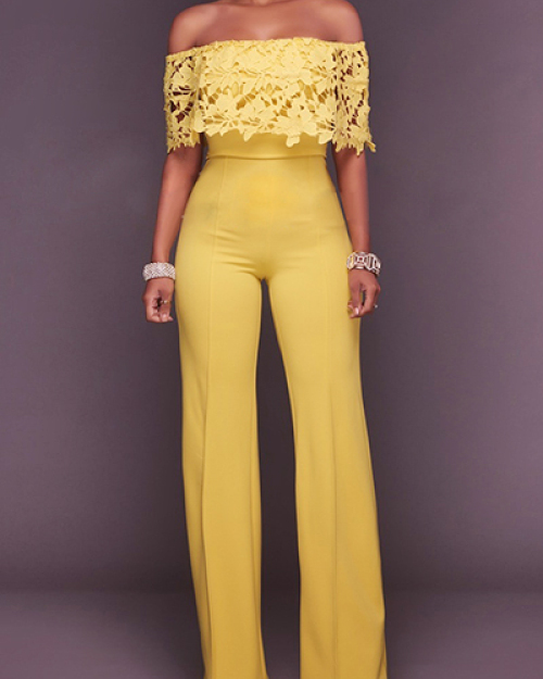 Stylish Dew Shoulder Hollow-out Yellow Twilled One-piece Jumpsuits Stylish Dew Shoulder Hollow-out Yellow Twilled One-piece Jumpsuits