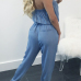 Stylish Dew Shoulder Light Blue Denim One-piece Jumpsuits Stylish Dew Shoulder Light Blue Denim One-piece Jumpsuits