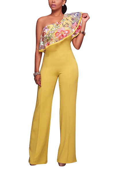 Stylish Embroidered Design Asymmetrical Yellow Cotton Blends One-piece Jumpsuits