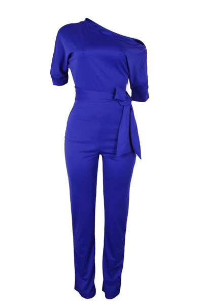 Stylish One-shoulder Blue Polyester One-piece Jumpsuits(With Belt)