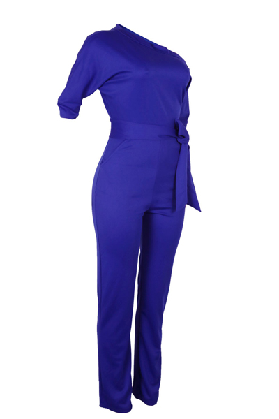 Stylish One-shoulder Blue Polyester One-piece Jumpsuits(With Belt)