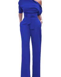 Stylish One-shoulder Blue Polyester One-piece Jumpsuits(With Belt) Stylish One-shoulder Blue Polyester One-piece Jumpsuits(With Belt)