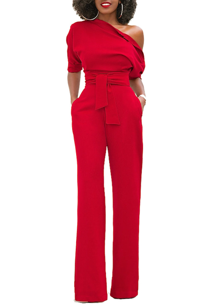Stylish One-shoulder Red Polyester One-piece Jumpsuits(With Belt)