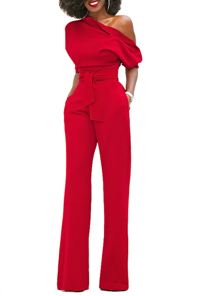 Stylish One-shoulder Red Polyester One-piece Jumpsuits(With Belt)