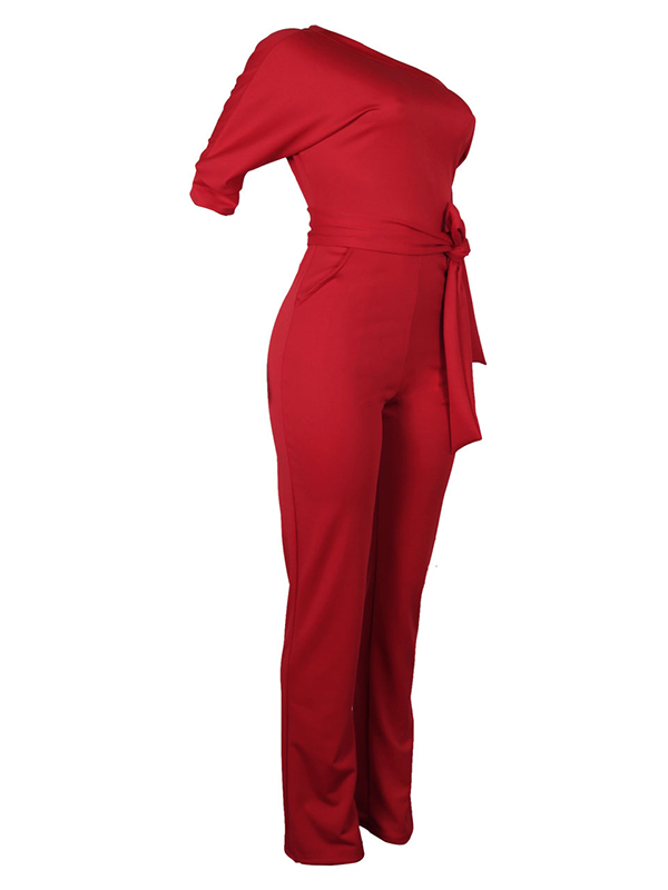Stylish One-shoulder Red Polyester One-piece Jumpsuits(With Belt)