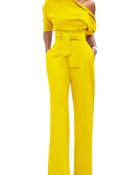 Stylish One-shoulder Yellow Polyester One-piece Jumpsuits(With Belt) Stylish One-shoulder Yellow Polyester One-piece Jumpsuits(With Belt)