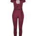 Stylish Round Neck Short Sleeves Hollow-out Wine Red Twilled One-piece Skinny Jumpsuits Stylish Round Neck Short Sleeves Hollow-out Wine Red Twilled One-piece Skinny Jumpsuits