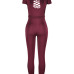 Stylish Round Neck Short Sleeves Hollow-out Wine Red Twilled One-piece Skinny Jumpsuits Stylish Round Neck Short Sleeves Hollow-out Wine Red Twilled One-piece Skinny Jumpsuits