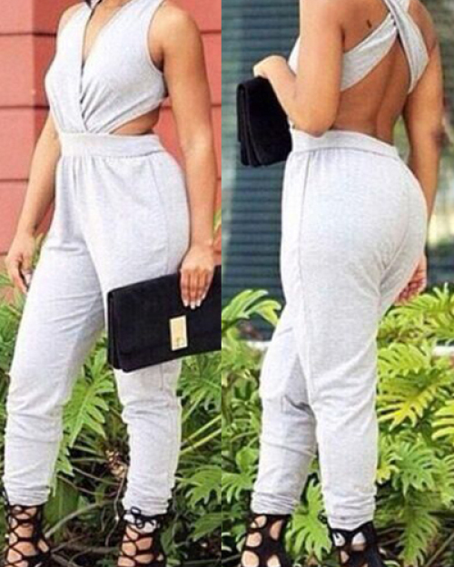 Stylish Sleeveless Back Hollow-out Bandage Design Grey White Cotton Blends One-Piece Jumpsuits Stylish Sleeveless Back Hollow-out Bandage Design Grey White Cotton Blends One-Piece Jumpsuits