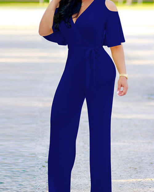 Stylish V Neck Half Sleeves Hollow-out Royalblue Qmilch One-piece Jumpsuits (With Belt) Stylish V Neck Half Sleeves Hollow-out Royalblue Qmilch One-piece Jumpsuits (With Belt)