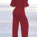 Stylish V Neck Half Sleeves Hollow-out Wine Red Qmilch One-piece Jumpsuits (With Belt) Stylish V Neck Half Sleeves Hollow-out Wine Red Qmilch One-piece Jumpsuits (With Belt)