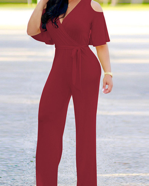 Stylish V Neck Half Sleeves Hollow-out Wine Red Qmilch One-piece Jumpsuits (With Belt) Stylish V Neck Half Sleeves Hollow-out Wine Red Qmilch One-piece Jumpsuits (With Belt)