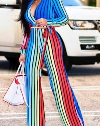 Stylish V Neck Striped Polyester One-piece Jumpsuits