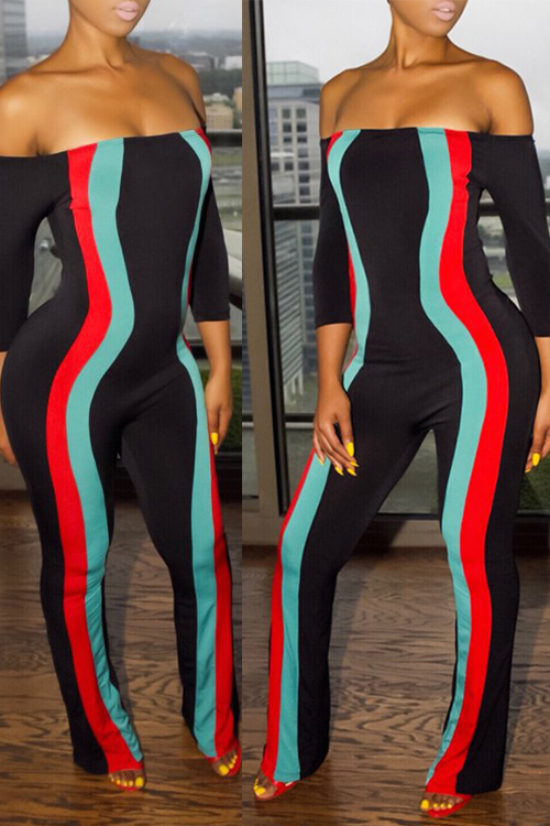 Trendy Dew Shoulder Patchwork Black Cotton One-piece Jumpsuits