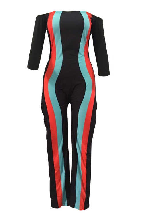 Trendy Dew Shoulder Patchwork Black Cotton One-piece Jumpsuits