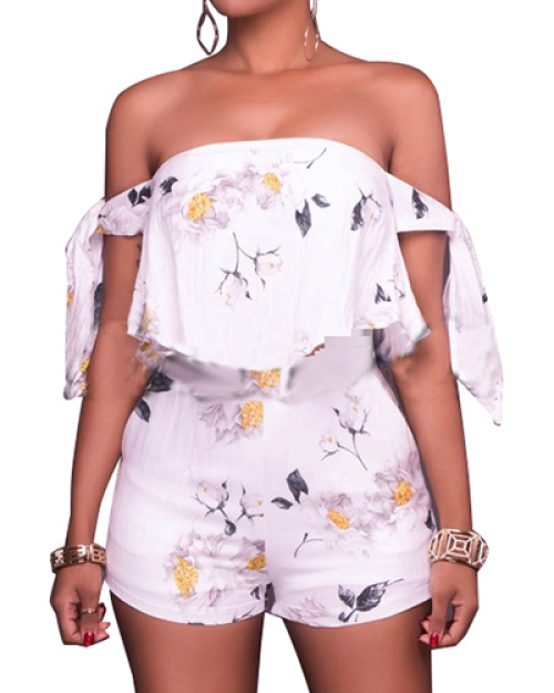 Trendy Dew Shoulder Printed White One-piece Skinny Jumpsuits Trendy Dew Shoulder Printed White One-piece Skinny Jumpsuits