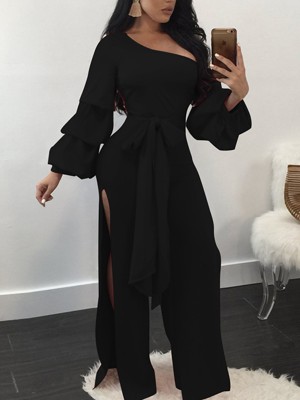 Trendy Dew Shoulder Side Split Black Polyester One-piece Jumpsuits