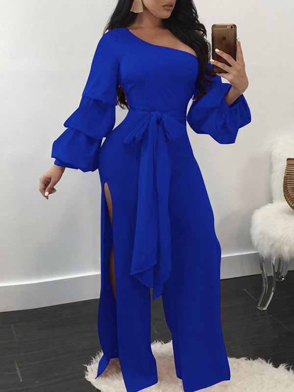 Trendy Dew Shoulder Side Split Blue Polyester One-piece Jumpsuits