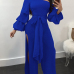 Trendy Dew Shoulder Side Split Blue Polyester One-piece Jumpsuits Trendy Dew Shoulder Side Split Blue Polyester One-piece Jumpsuits