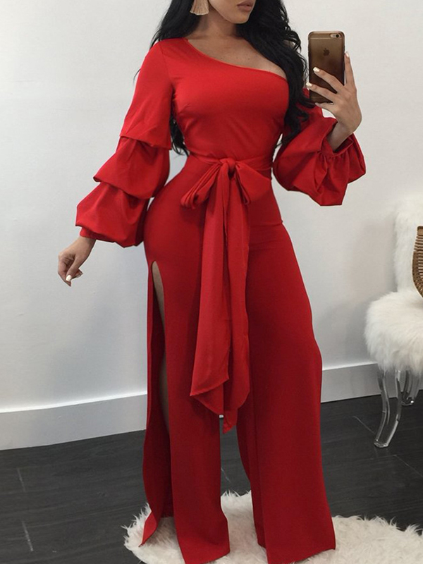 Trendy Dew Shoulder Side Split Red Polyester One-piece Jumpsuits