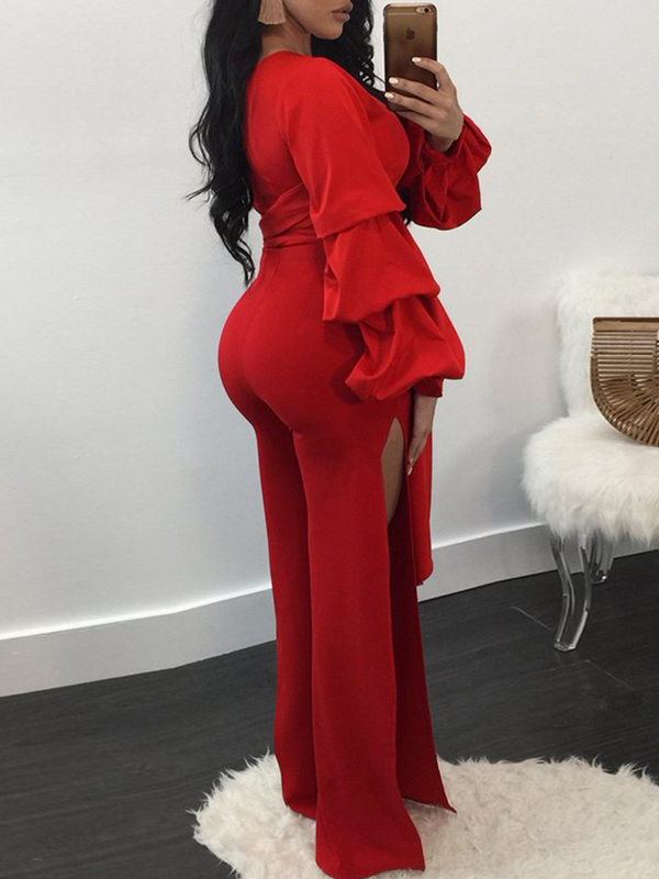 Trendy Dew Shoulder Side Split Red Polyester One-piece Jumpsuits