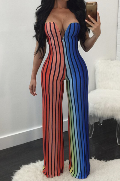 Trendy Dew Shoulder Striped Patchwork Milk Fiber One-piece Jumpsuits