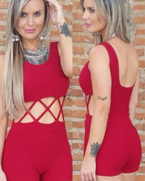 Trendy O Neck Tank Sleeveless Cross Hollow-out Red Cotton Blends One-piece Jumpsuits Trendy O Neck Tank Sleeveless Cross Hollow-out Red Cotton Blends One-piece Jumpsuits