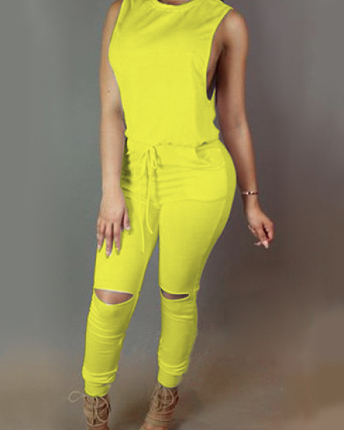 Trendy Round Neck Tank Sleeveless Zipper Design Drawstring Yellow Polyester One-piece Jumpsuits Trendy Round Neck Tank Sleeveless Zipper Design Drawstring Yellow Polyester One-piece Jumpsuits