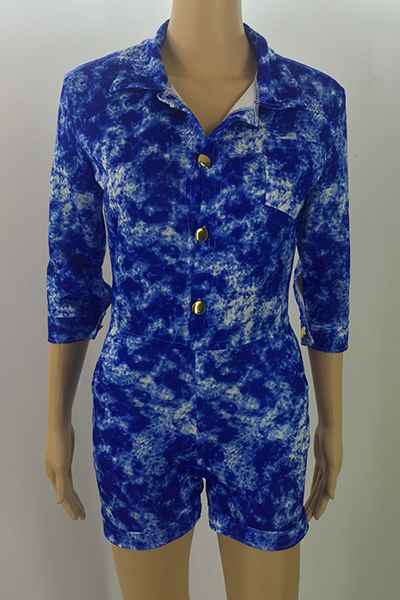 Trendy Turn-down Collar Half Sleeves Single-breasted Nylon One-piece Skinny Jumpsuits