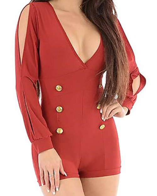 Trendy V Neck Long Sleeve Hollow-out Double-breasted Design Red Polyester On-piece Jumpsuits Trendy V Neck Long Sleeve Hollow-out Double-breasted Design Red Polyester On-piece Jumpsuits