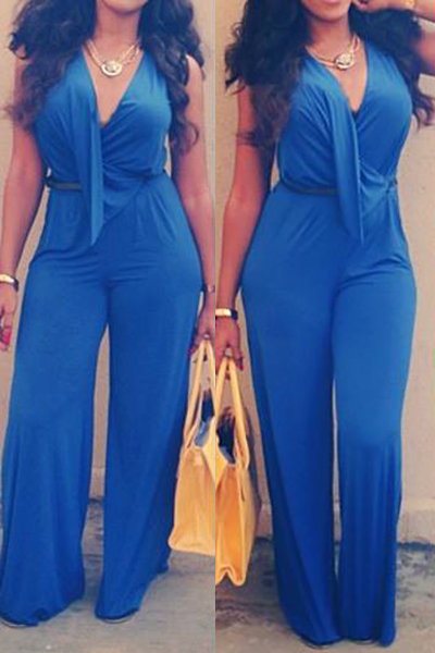 Trendy V Neck Tank Sleeveless Asymmetrical Blue Spandex One-piece Jumpsuit