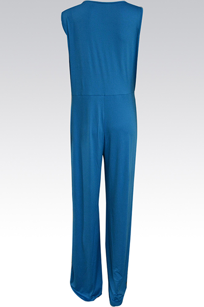 Trendy V Neck Tank Sleeveless Asymmetrical Blue Spandex One-piece Jumpsuit