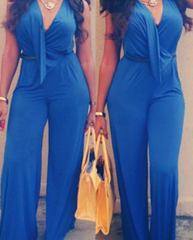 Trendy V Neck Tank Sleeveless Asymmetrical Blue Spandex One-piece Jumpsuit