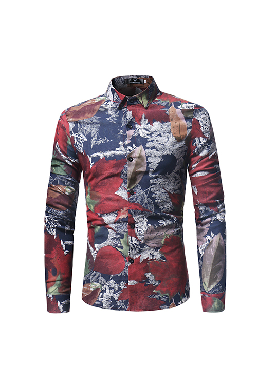  Fashion Turndown Collar Long Sleeves Leaf Printed Navy Blue Cotton Shirts(Non Positioning Printing)