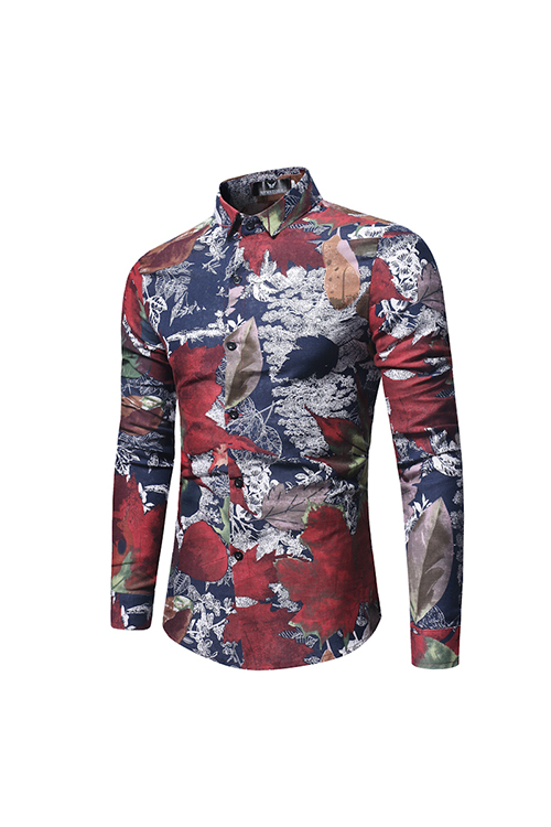  Fashion Turndown Collar Long Sleeves Leaf Printed Navy Blue Cotton Shirts(Non Positioning Printing)