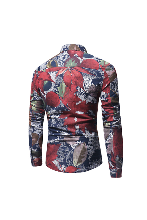  Fashion Turndown Collar Long Sleeves Leaf Printed Navy Blue Cotton Shirts(Non Positioning Printing)