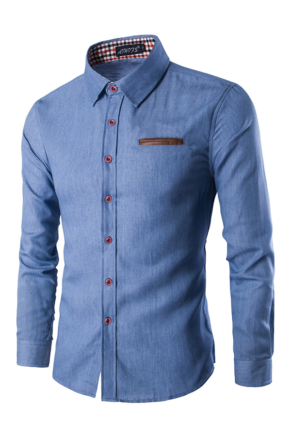  Stylish Turndown Collar Long Sleeves Baby Blue Denim Shirts