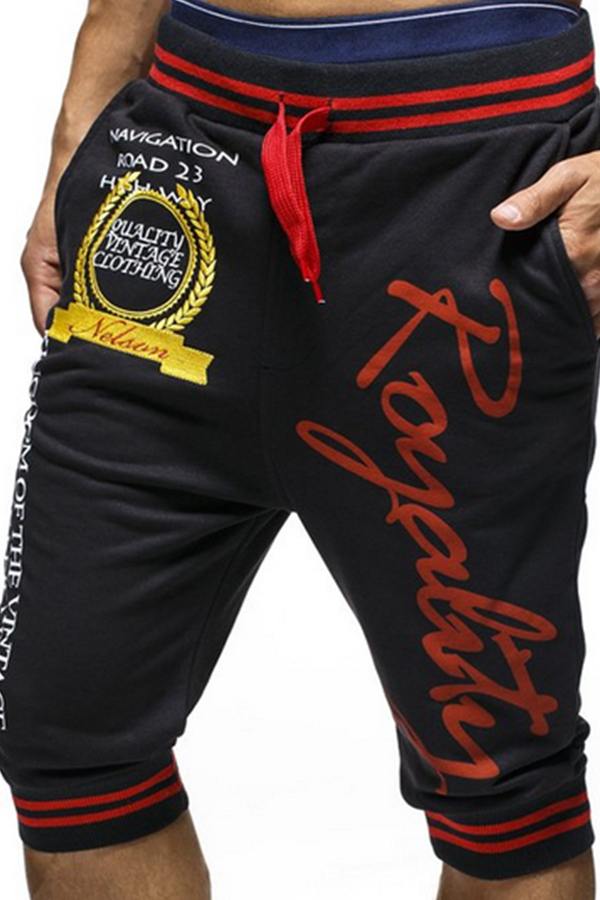 Leisure Elastic Waist Letters Printing Black Cotton Blends Shorts